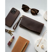 Natay Leather %100 Hakiki Deri El Dikimi Acı Kahve Kadın El Portföyü Bileklikli Cüzdan ve Çanta 20X10 cm