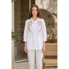Lale Butik Oversize Nakış ve Pul Detaylı Gömlek 17402 EKRU03