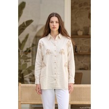 Lale Butik Taş Detaylı Çiçek Desenli Gömlek 17036 BEJ05