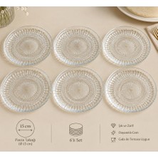 Nergis Cam Pasta ve Tatlı Servis Tabağı Seti 15 cm Desenli Şeffaf Sunum Tabağı