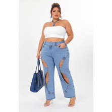 Zanessi Denim Taş İşlemeli Lastikli Dekolteli Geniş Paça Kadın Pantolon