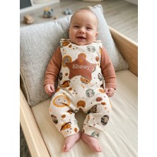 Bambik Nafitto Gezegen Desenli Waffle Kumaş Askılı Tulum, Ribana Zıbın ve Çorap (3-9 Ay)