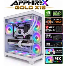 Apphirex Gold X18 Ryzen 5 7500F/MSİ B650M-B/GEFORCE RTX5060/32GB Ddr5 6000MHZ/1TB M.2/240MM Sıvı Soğutmalı Beyaz Masaüstü Oyuncu Bilgisayarı