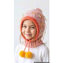 Reyn Handmade El Örgüsü Ponponlu Çocuk Balaklava Bere - Renkli Iplik Detaylı Yuvarlak Kesim Kışlık Kar Maskesi Bere