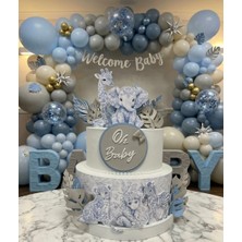 Ogela Party Mavi Safari Temalı 2 Katlı Baby Shower Pasta Maketi-Lüks Mavi & Gri Safari Figürlü Maket Pasta