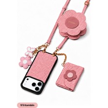 COGURE Hera iPhone 18 Pro Max / 17 Pro Max Uyumlu Çiçek & Magsafe Cüzdan, Kılıf, Askı, Charm Pembe 5'li Set