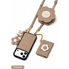 COGURE Hera iPhone 18 Pro Max / 17 Pro Max Uyumlu Çiçek & Magsafe Cüzdan, Kılıf, Askı, Charm Kahve 5'li Set
