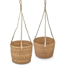 2'li Asılabilir El Yapımı ve Doğal Yuvarlak Hasır Saksılık Seti, 2'li Ipli Asılabilir Hasır Yuvarlak Saksı Seti (23 Cm*18 Cm-20 Cm*15 Cm)