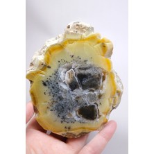 Healcrystal Bal-Sarı ve Buz-Mavi Dendritik Opal Levha - Kuvars Jeot Boşlukları ve Siyah Dendrit Tüyler, 377G