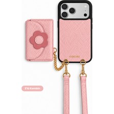 COGURE Hera iPhone 18 Pro Max / 17 Pro Max Uyumlu Çiçek Magsafe Cüzdan, Kılıf, Askı 3'lü Pembe Set