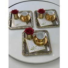 Elzem Tepsi Paslanmaz Çelik Kare 3 Adet Kenarı Kendinden Gold Desenli Çay Kahve Tepsisi Sunum