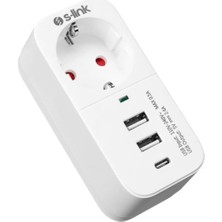 S-Link SL-011 16A-250V 750 Joule 2 USB 1 Type C 5V2.4A  Akım Korumalı Tekli Priz