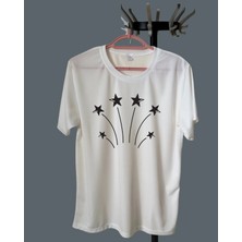 Elfi Unisex Yıldız Grafik Tasarım Baskılı Beyaz Polyester Tişört