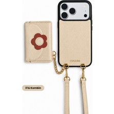 COGURE Hera iPhone 18 Pro Max / 17 Pro Max Uyumlu Çiçek Magsafe Cüzdan, Kılıf, Askı 3'lü Bej Set