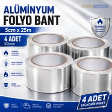 Akyelone Alüminyum Folyo Bant 50mm x 25m – 4 Adet Isı ve Aleve Dayanıklı Yapışkanlı Folyo Bant