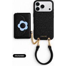 COGURE Hera iPhone 18 Pro Max / 17 Pro Max Uyumlu Çiçek Magsafe Cüzdan, Kılıf, Bileklik Siyah 3'lü Set