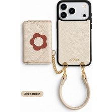 COGURE Hera iPhone 18 Pro Max / 17 Pro Max Uyumlu Çiçek Magsafe Cüzdan, Kılıf, Bileklik Askı Bej 3'lü Set