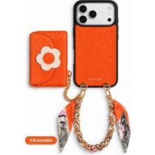COGURE Hera iPhone 18 Pro Max / 17 Pro Max Uyumlu Çiçek Magsafe Cüzdan, Kılıf, Fularlı Turuncu 3'lü Set