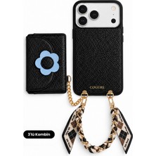COGURE Hera iPhone 18 Pro Max / 17 Pro Max Uyumlu Çiçek Magsafe Cüzdan, Kılıf, Fular Zincir Siyah 3'lü Set