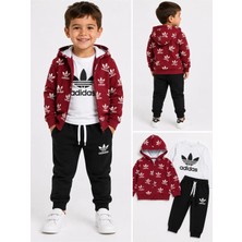 Mavi Boncukk Çocuk Kapüşonlu Fermuarlı 3'lü Takım Baskılı Sweatshirt Tişört ve Eşofman Altı