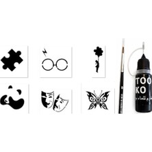 Puzzle Panda Likit Kalem Uçlu Siyah Geçici Dövme Seti Fırça ve Şablon Hediyeli