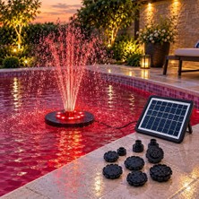 Gaman Şarjlı Güneş Enerjili Solar Su Fıskiye Çeşmesi LED Işıklı Gece Çalışan Dekoratif Havuz Bahçe Süsü + Değiştirilebilir Başlıklar