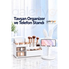Galeriyo Tavşan Kulplu Makyaj Organizeri & Tavşan Figürlü Telefon Tablet Standı Ikili Set Beyaz