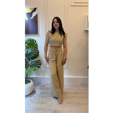 Shın Butik Shın Bej Bağlamalı Keten Görünümlü Crop Pantolon Takım