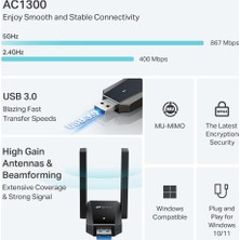 Store Archer T5U Plus AC1300 Wifi USB Adaptör, Dual Band 1300 Mbps (867 Mbps 5ghz + 400 Mbps 2.4ghz), USB 3.0, Çift Yüksek Kazançlı Anten, Wpa3, Windows Uyumlu Kablosuz Adaptör