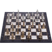 Gift Home Büyük Boy Metal Osmanlı Bizans Satranç Takımı Parlak ve Katlanır Mermer Desenli MDF Ahşap Satranç Tahta (43x43 cm.)
