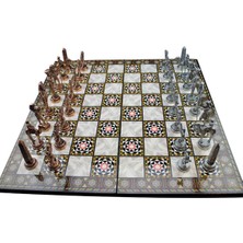 Gift Home Metal Mısır Satranç Takımı Antik ve Katlanır Sedef Desenli MDF Ahşap Satranç Tahta (43x43 cm.)