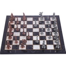 Gift Home Büyük Boy Metal Osmanlı Bizans Satranç Takımı Antik ve Katlanır Mermer Desenli MDF Ahşap Satranç Tahta (43x43 cm.)