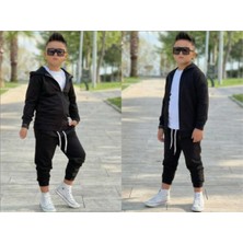 Mavi Boncukk Unisex Çocuk Kapüşonlu Fermuarlı 3’lü Takım Siyah