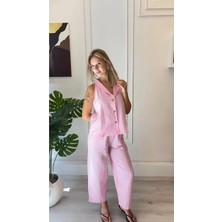 Shın Butik Shın Pembe Kolsuz Gömlek Yaka Pantolon Takım
