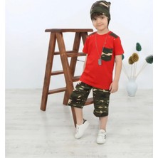 Mavi Boncukk Unisex Çocuk Kamuflaj Desenli Tişört Kapri ve Bere 3'lü Takım