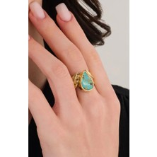 Ricco Jewellery 14 K Gold Kaplama 925 Ayar Gümüş Doğal Turkuaz Antik Tasarım Yaprak Yüzük