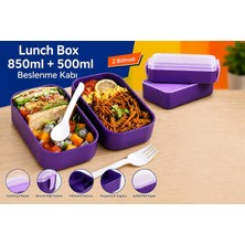 Store Dordoi Astrallife 2 Katlı Beslenme Kabı 850 ml + 500 ml Bölmeli Lunch Box Çatal Kaşık Seti Mor Renk