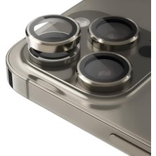 iPhone 15 Pro - 15 Pro Max; 14PRO - 14PROMAX Modellerinin Tümüne Uyumlu Alüminyum Alaşım Çerçeveli ve 9h Sertliğinde Temperli Camlı Lens Koruyucu (Natural Titanyum)