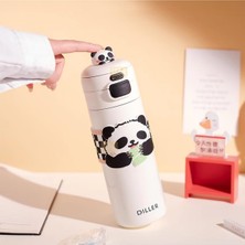 Store Diller 480ML Sevimli Hayvanlar Süslü Pipetli/pipetsiz El Askılı Paslanmaz Çelik Termos (Panda)