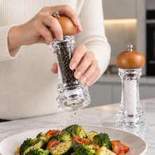 Store 2 Adet Bambu Kapaklı Akrilik El Değirmeni 2’li Set, 18 Cm, Aşınmaya Dayanıklı Porselen Öğütücü, Manuel Tuz ve Karabiber Değirmeni, Şeffaf Doldurulabilir Hazne