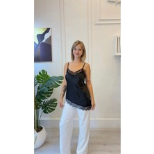 Shın Butik Shın Siyah Dantel Detaylı Askılı Saten Bluz