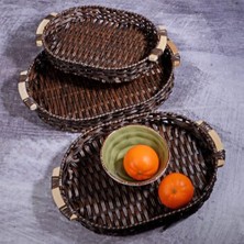 Store Wicker Serisi 3’lü Hasır Örme Oval Tepsi Seti