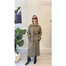 Shın Butik Shın Kadın Haki Kemerli Düğmeli Uzun Trençkot