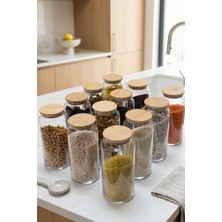 Öz-Home 12 Adet 1300 Ml. Vakumlu Bambu Kapaklı Cam Kavanoz Bakliyatlık Erzak Saklama Kabı-Etiket Hediye
