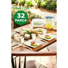 Store 32 Parça Kare Piknik Seti Tabak Çatal Kaşık Bıçak Bardak (Krem)