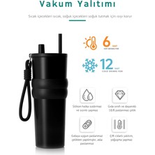 Store Lüks Çelik Termos Bardak - Çift Yalıtımlı Pipetli Mug - Mat Siyah-Sıcak-Soğuk