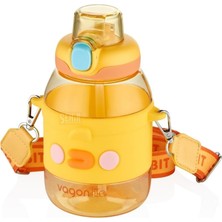 Store Vagonlife 600ML Sevimli Hayvanlar Silikon Pipetli Kılıflı ve Askılı Polikarbon Çocuk Su Matarası (Sarı Civciv)