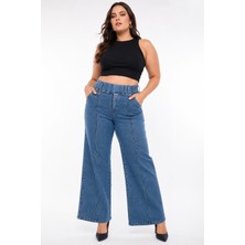 Zanessi Fashion Büyük Beden Denim Yüksek Bel Bol Paça Kadın Pantolon