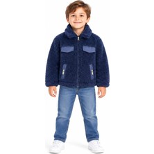 Mavi Boncukk Çocuk Unisex Peluş Welsoft Fermuarlı Kapüşonlu ve Dik Yaka Polar Mont Ceket