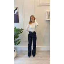 Shın Butik Kadın Lacivert Yüksek Bel Geniş Paça Jean Pantolon